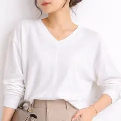 ナノユニバース Vネック リブ ニット ホワイト 長袖 Lサイズ ホワイト