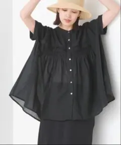 極美品ポンデシャロン コットンリネンバンドカラーシャツワンピース 極美品ポンデシャロン コットンリネンバンドカラーシャツワンピース