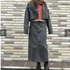 ダメージクロップドデニムジャケット&ロングスカート セットアップ　カーキ