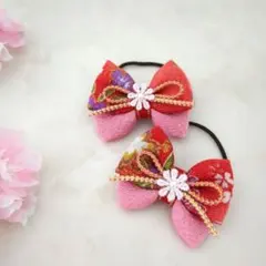 キッズベビーヘアゴム　和風　和柄ちりめん　布リボン　赤　ピンク　2個セット　花柄