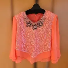 オレンジ レース シフォン 　ウェア　ダンス　合唱団　カラオケ　ステージ衣装