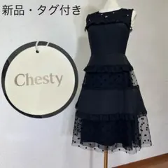 Z80【新品タグ付】Chesty ドットチュール×フラワービジュー フリルドレス