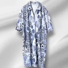 【レトロ・ヴィンテージ】幾何学柄 半袖 ロングワンピース ブルー系