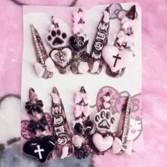 現品 ぴんく♥くろ マーブル 地雷 パンク系 量産型 ロングゴテゴテネイルチップ