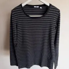 UNIQLO グレーとブラックのストライプ 長袖Tシャツ L