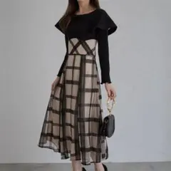 tocco closetビックカラーバックレースアップ長袖ドッキングワンピース