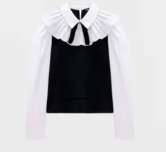 プリーツ付き大きな襟の長袖シャツ