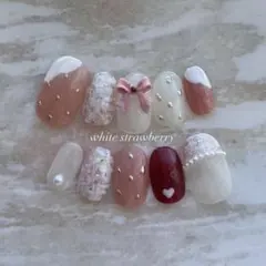 Ｎｏ．5 あざと白苺ネイルチップ ピンク ツイード ボルドー フレンチガーリー