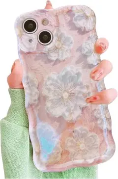 iPhone15 ケース 油絵風 花柄 ストラップ付 パステルピンク