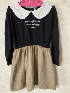 女の子　薄手長袖ワンピース　春秋　サイズ120㎝　襟にパール　黒　ベージュ