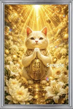 黄金の招福猫が幸運を呼び寄せる 開運グラフィックアート 額縁付き