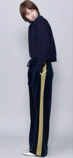 ネイビーオリーブグリーンベルベットワイドパンツ