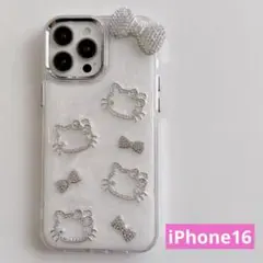 iPhone16 ケース キティ キラキラ ホワイト リボン 50周年 シルバー