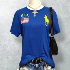 ポロラルフローレンUSA国旗ワッペンビッグポニー刺繍青ロゴT Y2K古着海外人気