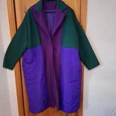 バイカラー・異素材　おしゃれロングコート 緑と紫
