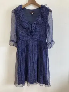 シルクフリルワンピース　シフォン　ドット　膝丈　美品　ネイビー
