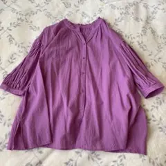 パープル ピンク フリルネック 五分袖　ブラウス　シャツ　アメリカンホリック
