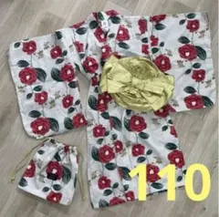 赤い椿柄デビロック　ラクチン浴衣ワンピース　ゴールド帯　巾着付き3点セット110