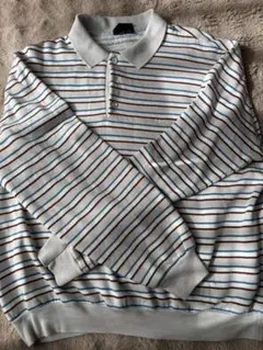 ポロシャツ 長袖 ボーダー メンズ L 白 古着 カジュアル 春 秋 シンプル