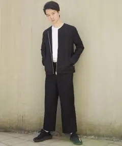 Sブラックreyouthショルダーファスナー ノーカラー ジャケット ブルゾン