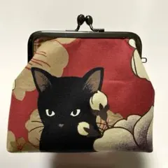ねこ柄　和柄　黒猫と牡丹　赤　がま口