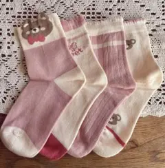 【5～7歳】女の子 キッズ靴下 4足セット 小熊柄 ピンク系