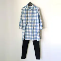 マタニティ パジャマ 青と白チェック柄 （黒ズボン）上下