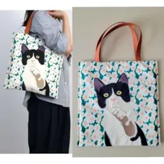 未使用【cooco】ハチワレねこちゃんトートバッグ 刺繍 猫 ネコ 花柄 A4
