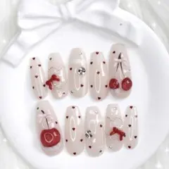 【401】現品ネイルチップ ガーリー 韓国 ワンホン 量産型 さくらんぼ 赤