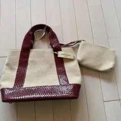 バーガンディジュートハンドバッグ ポーチ付き