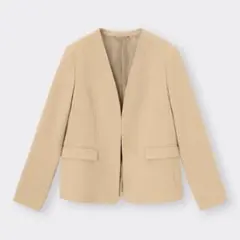 奈*♪様 ノーカラージャケット オフィスカジュアル ベージュ M