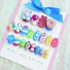 現品のみ　ネイルチップ　フリーサイズ　個性派　カラフル　ポップ　原宿　ピンク　春