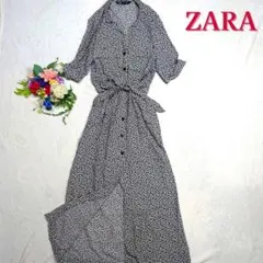 ZARA 花柄 シャツ ロングワンピース 腰リボン 両胸ポケット
