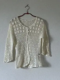 アイボリー レース編み カーディガン 五分袖