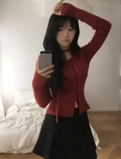 紐付き 赤いリブ編み長袖カーディガン SHEIN Sサイズ レッド 韓国