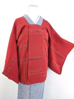 【美品】道行コート 花柄 正絹 身丈79 裄63 赤ピンク