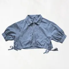 レトロ クロップドジップブルゾン 半袖 リボン グレー L サイドリボン y2kのサムネイル