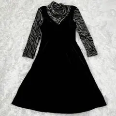 ベロア　黒　長袖　ワンピース　韓国　ロング丈　伸縮生地　ハイネック　L〜XL相当