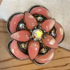 昭和レトロ 立体フラワーブローチ コーラルピンク ヴィンテージ オーロラストーン
