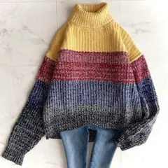 エリオポール ウール100% マルチカラーニット タートルネック