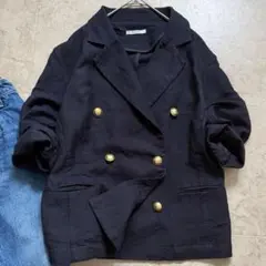 Emma Taylor リネン混 ダブルミディジャケット 38 金ボタン 紺