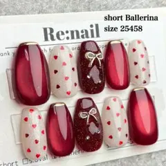 《現品》ネイルチップ 赤 マグネット ハート リボン フレンチ クリスマス