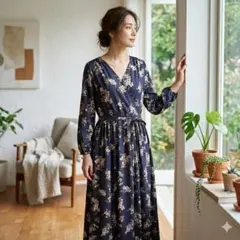 ルクールブラン　ワンピース　ロング　花柄　カシュクール風　総柄