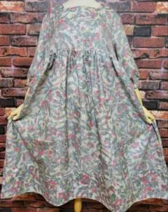 め0316着物リメイク正絹大島紬スクエアネック切替ギャザーワンピースハンドメイド