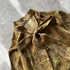 昭和レトロ ペイズリー総柄 ボウタイ付き長袖ブラウス ブラウンマスタードLサイズ