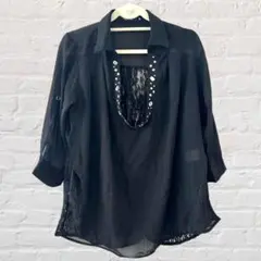 レディース カットソー ブラウス 後ろレース ビジュー 透け感 七分袖 装飾 L