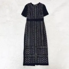 【ラグナムーン】極美品☆LADYジオメトリックレースドレスM ネイビー