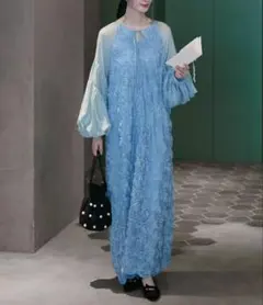 【新品未使用】 forksy. フラワーモチーフシアーバルーンスリーブワンピース