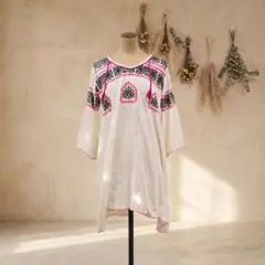 アミナコレクション インド綿 刺繍チュニックワンピース ベルスリーブ 白のサムネイル