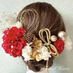髪飾り 成人式 結婚式 赤 可愛い金小花 振袖 水引 ドライフラワー 卒業式